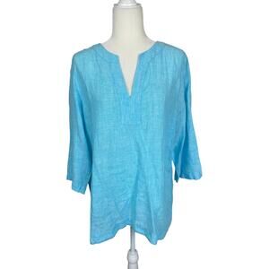 Chicos Linen Popover Tunic Top Blue Size 2 Resort Vacation Coastal Effortless
